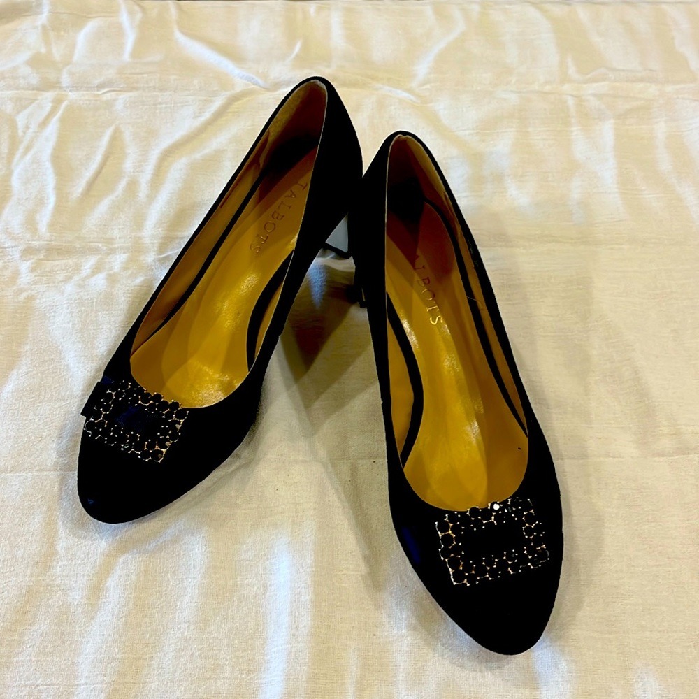 Talbots Isadora black suede pumps, size 7.5M, grosgrain ribbon and beaded buckle